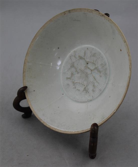 A Chinese Yingqing twin fish shallow bowl, Song-Yuan dynasty, 16cm